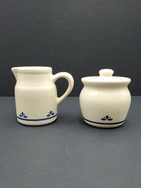 Friendship Pottery Roseville Ohio Blue Flowers Creamer & Sugar Bowl with Lid